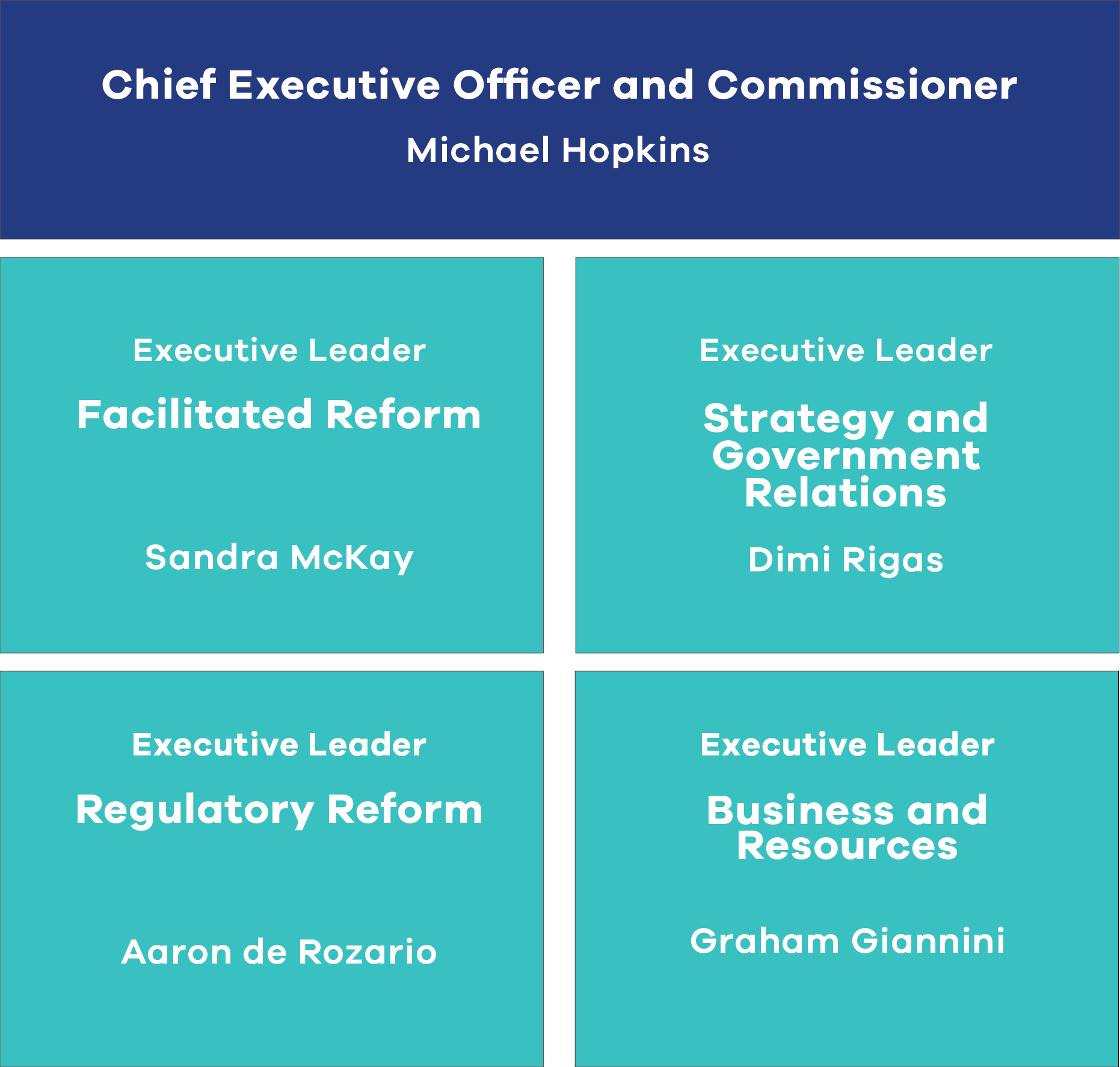 Michael Hopkins is Chief Executive Officer and a Commissioner. Sandra McKay is Executive Leader for Facilitated Reform. Dimi Rigas is Executive Leader for Strategy and Government Relations. Aaron de Rozario is Executive Leader for Regulatory Reform. Graham Giannini is Executive Leader for Business and Resources.