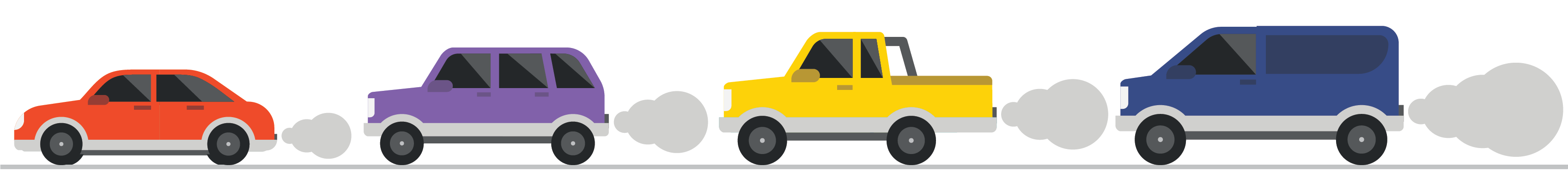 A range of vehicles with various sized tailpipe emissions